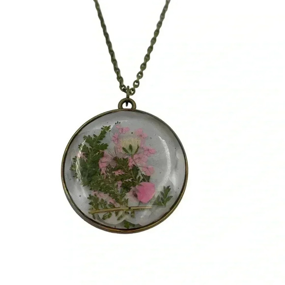 Floral Preservation Art-to-Wear Statement Necklace Mixed Flowers Resin Pendant - Picture 1 of 6